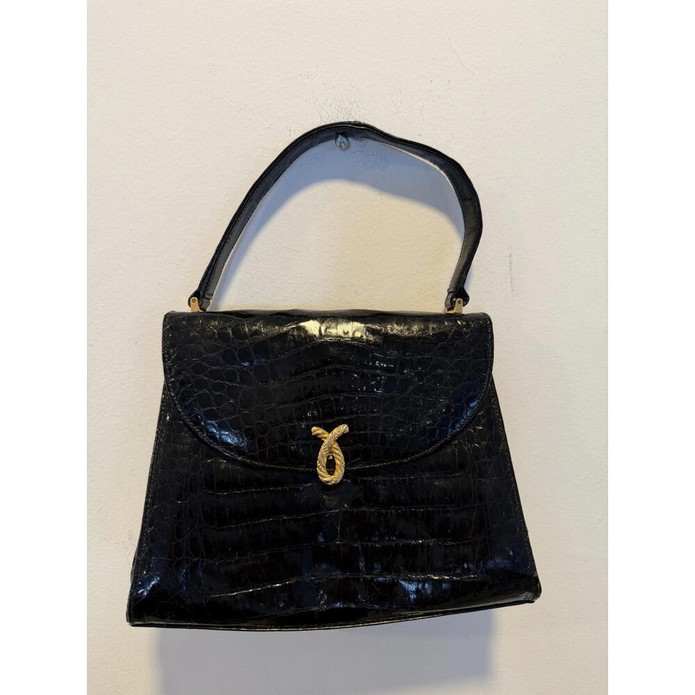 Vintage Black Croc-Embossed Bellestone Leather Handbag with Gold-Tone Clasp